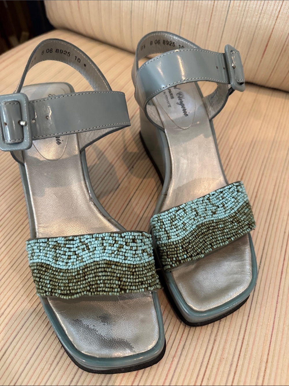 Robert Clergerie Paris Beaded Strap Slate Blue Women’s Wedge Sandals 8-1/2